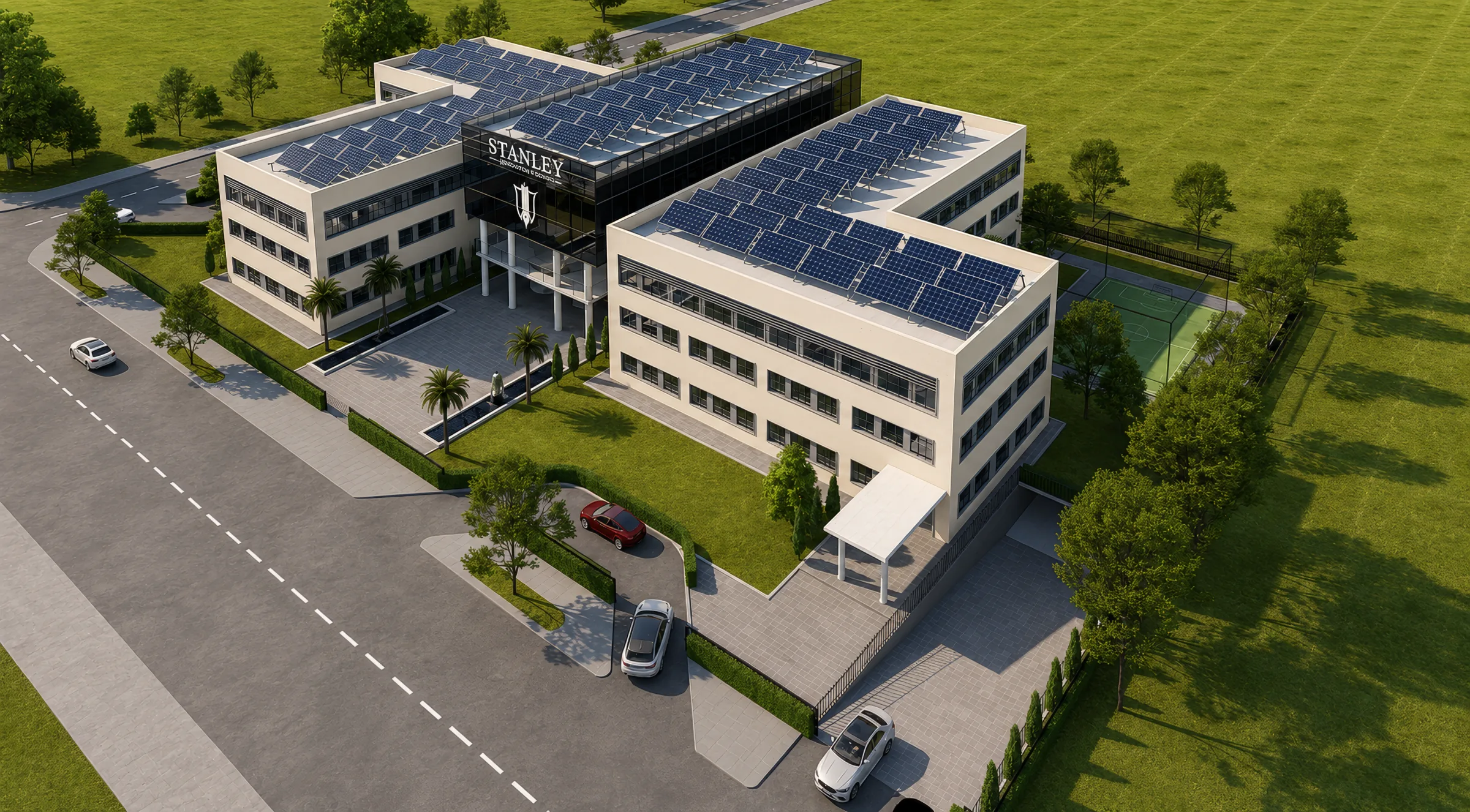 Aerial architectural view of the planned Stanley International School campus
