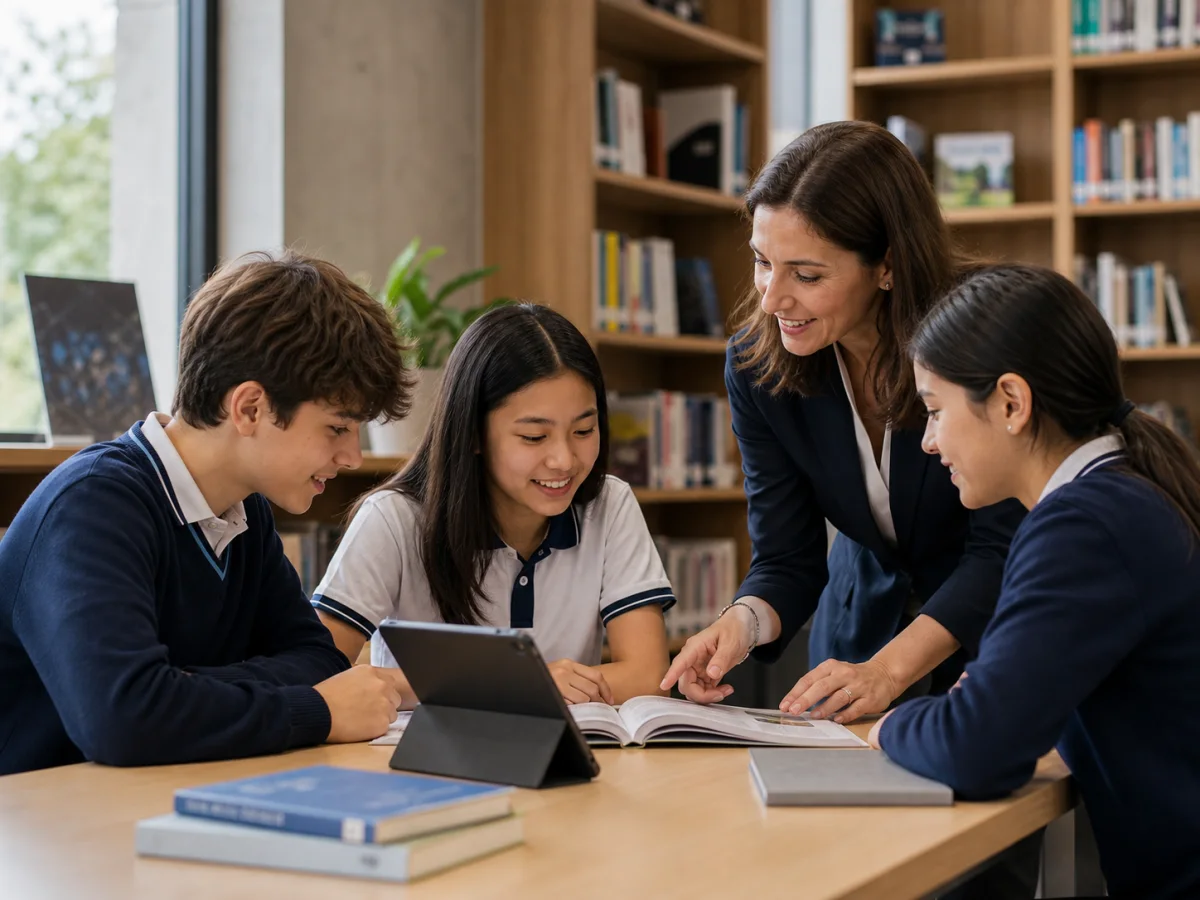 Students collaborating with support from their teacher