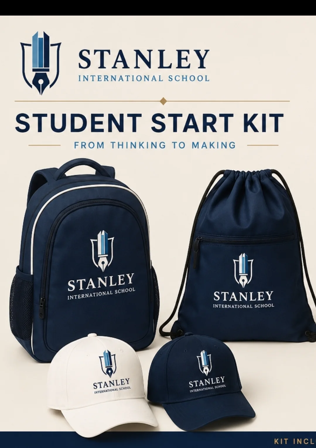 Stanley International School student start kit with backpack, drawstring bag, and caps